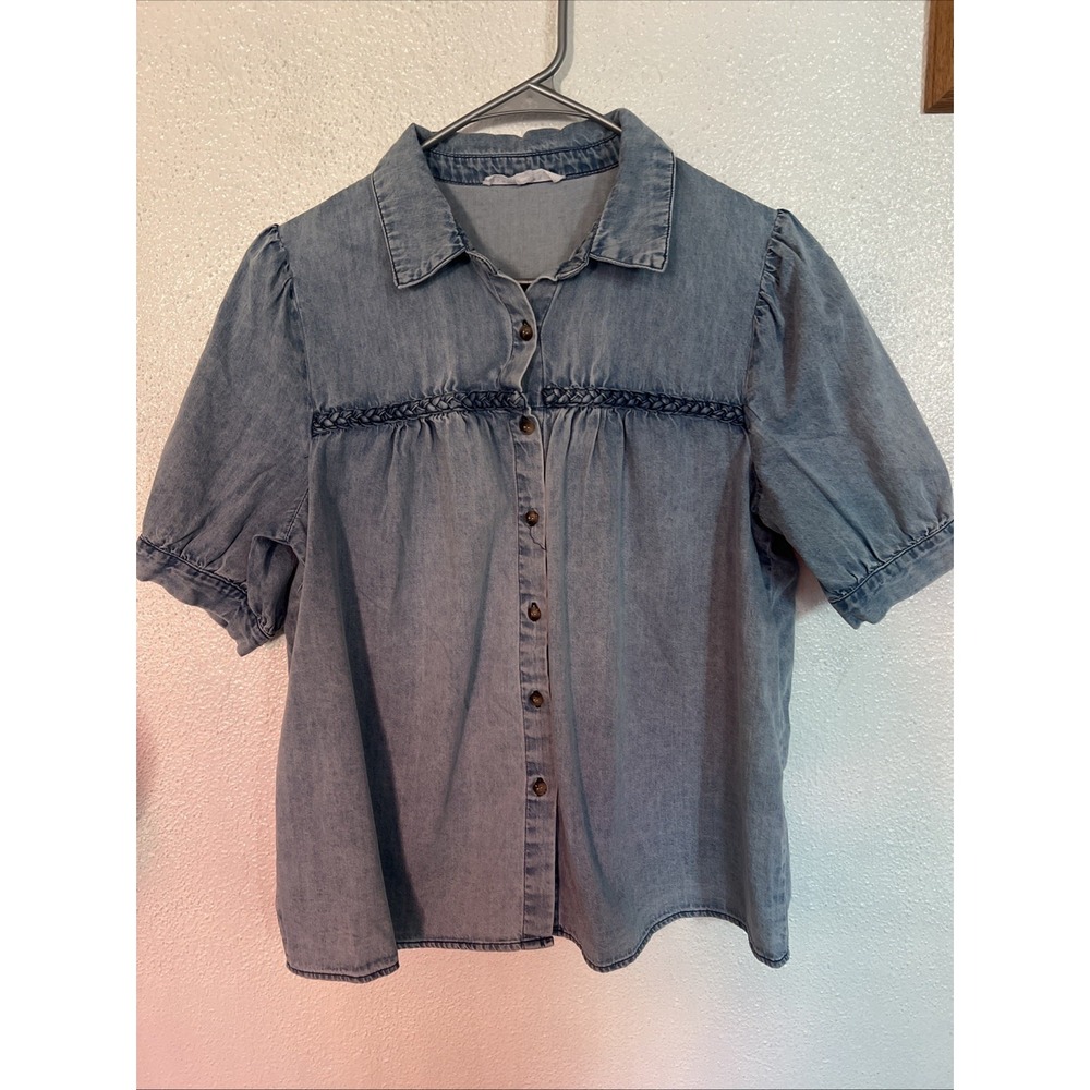 Jane + Delancey Womens M Blue Denim Button Up Short Sleeve Braid Accent Top